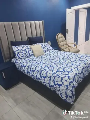 a blue bedroom with a bed and a chair at Budias Guesthouse B&B in Kempton Park