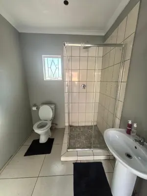 a bathroom with a shower and a toilet and a sink at Selina Guesthouse in Kempton Park