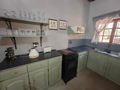 a kitchen with green cabinets and a black stove at Noah's Ark in Marloth Park