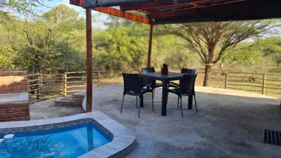 a patio with a table and chairs next to a swimming pool at Finch Nest in Marloth Park