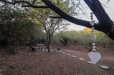 a park with a heart hanging from a tree at Finch Nest in Marloth Park