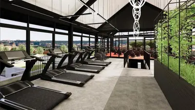 a gym with a row of treadmills and chairs at Modern Retreat in Waterfall Midrand with Pool & Restaurant in Kyalami
