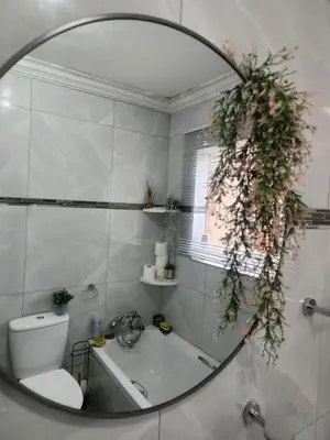 a mirror in a bathroom with a toilet and a bath tub at Olympia in Pretoria