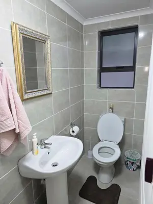 a bathroom with a white toilet and a sink at Peshline Guest House Unit 0 in Ermelo