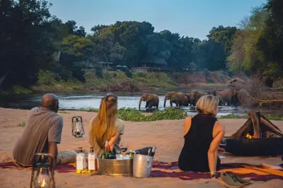 three people sitting on the beach watching elephants in the water at Pafuri Camp by RETURN Africa in Makuleke Contract Park