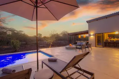 a patio with an umbrella and a swimming pool at The Duke Luxury Safari Villa, Huge Pool, Giraffe-Feeding-Tower, Outdoor Shower in Marloth Park