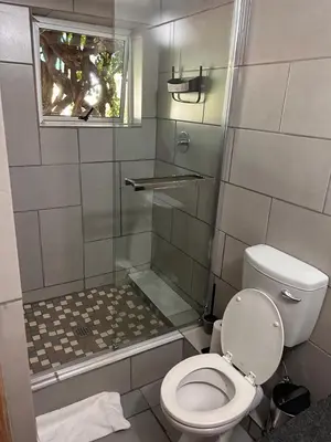 a bathroom with a shower with a toilet and a window at Garden Studio 2 Waterkloof Ridge in Pretoria