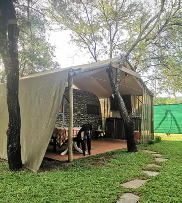 a tent in a yard with two trees at Hartbeespoort Cara-glamping self-cater units in Pretoria