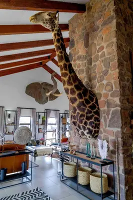 a giraffe statue hanging on a wall in a room at Umlingo Lodge in Melkrivier