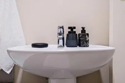 a white sink with two bottles on top of it at Ridge Comfort in Midrand