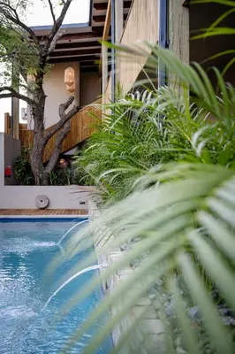 a swimming pool with plants next to a house at Khiwane Boutique Hotel in Hoedspruit