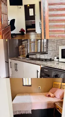 two pictures of a kitchen with a bed in it at The Hideaway Cabin in Pretoria