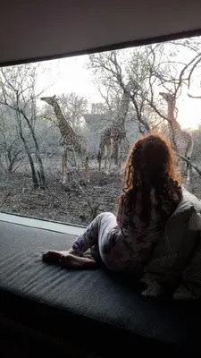 a woman sitting on the floor looking out a window at giraffes at Ratel Katel in Marloth Park
