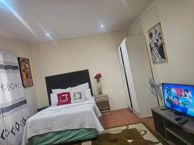 a small bedroom with a bed and a television at American horses in Pretoria