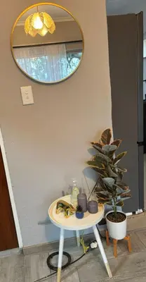 a table in a room with a mirror and a plant at Hideaway Haven in Pretoria