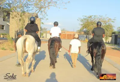 a group of people riding horses down a street at The Solis Aparthotel in Mzinti