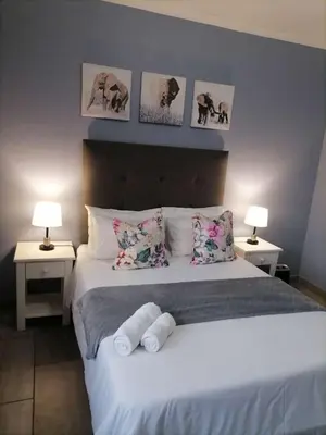 a bedroom with a bed with pillows and pictures on the wall at Morodi Guest Lodge in Witbank
