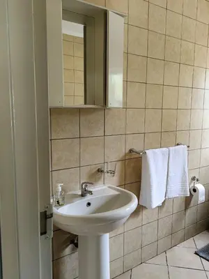 a bathroom with a sink and a mirror and towels at The Crown in Nelspruit