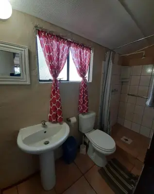 a bathroom with a sink and a toilet and a window at Gallery Inn in Bela-Bela