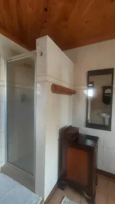 a bathroom with a shower and a sink and a mirror at Tranquility Guest House in Sabie