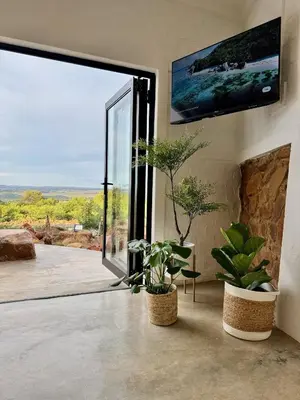 a room with potted plants and a sliding glass door at Escape Pretoria East Luxury Villa in Tierpoort