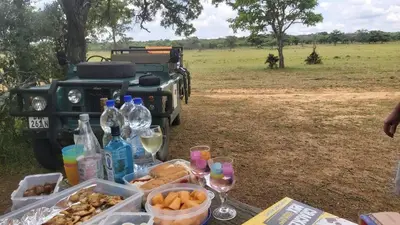 a picnic table with wine bottles and food and drinks at Izintaba Private Game Reserve Waterberg in Vaalwater