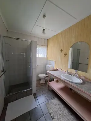 a bathroom with a sink and a shower and a toilet at Plaas Klein Paradys in Blydebos