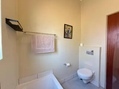 a bathroom with a toilet and a tub and a sink at Plumtree House in Hoedspruit