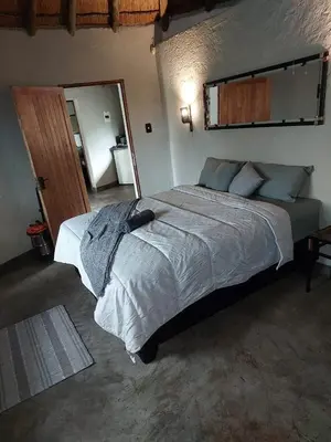a bedroom with a large bed and a mirror at Uitpak in Barberton