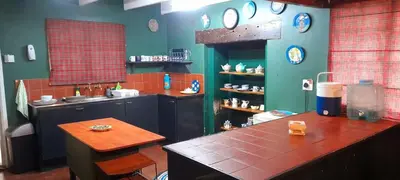 a kitchen with blue and green walls and a table at The Dutch House in Dullstroom