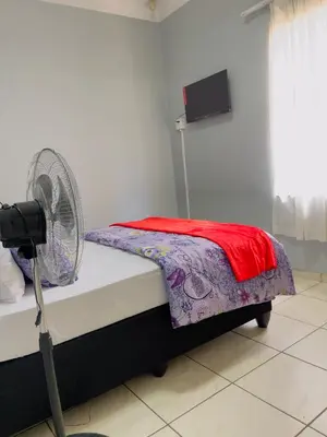 a room with a bed with a fan at Urban Oasis Guest House in Pretoria