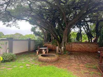 a patio with a tree and a table and bench at Doornboom Guesthouse in Pretoria