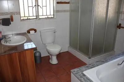 a bathroom with a toilet and a shower and a sink at Doornboom Guesthouse in Pretoria