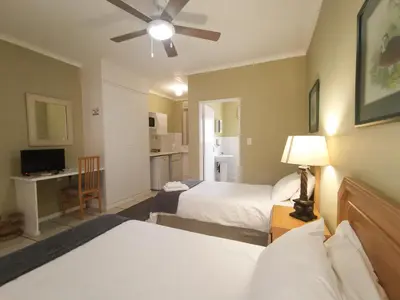 a hotel room with two beds and a television at Loerie Guesthouse in Hoedspruit
