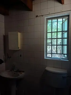 a bathroom with a sink and a toilet and a window at At Kruger's Heartbeat in Marloth Park