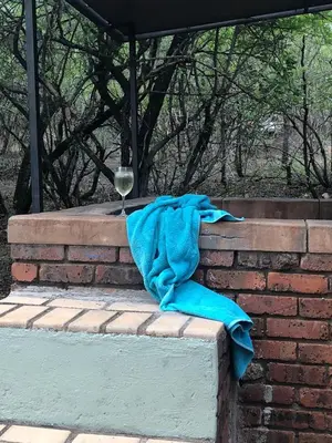 a blue blanket sitting on a brick wall with a glass of wine at At Kruger's Heartbeat in Marloth Park