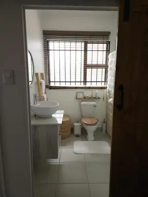 a bathroom with a sink and a toilet and a window at Bohemian Escape Midrand in Midrand
