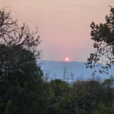a sunset over the ocean with trees in the foreground at Katima Mountain View Lodge in Hartbeespoort