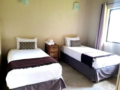 two beds in a room with a window at Raptors Wildlife Escapes in Hoedspruit