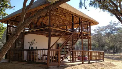 a large wooden structure with a tree at Berchtesgaden Lifestyle Farm - Farmstay in Vaalwater