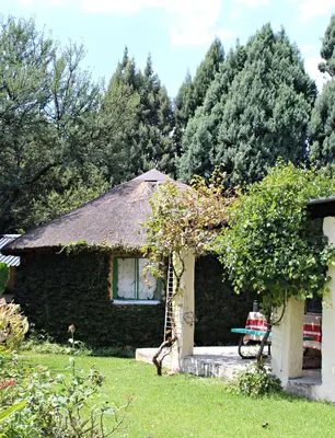 a small house with a thatched roof in a yard at ilyn pottery cottage in Pretoria