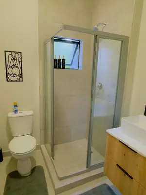 a bathroom with a shower and a toilet and a sink at Dimension in Midrand