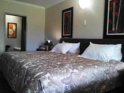 a bedroom with a large bed with white pillows at Gabbata Lodge in Leeuwfontein