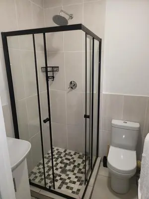 a bathroom with a shower with a toilet and a sink at Limewood 2 in Sandton