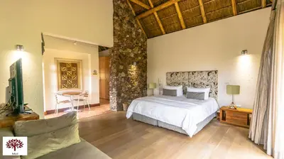 a bedroom with a bed and a tv in a room at Zebula Golf and Wildlife Estate - Tuskers Retreat Pax 20 in Warmbaths