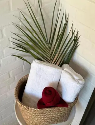 a basket with towels and a plant in a bathroom at Kings view exclusive villas in Petronella