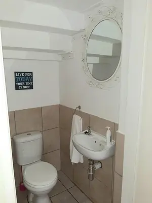 a bathroom with a toilet and a sink and a mirror at Villa at Wekker in Pretoria