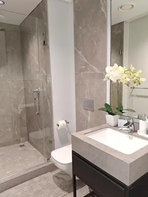 a bathroom with a sink and a shower and a toilet at Ellipse Kepler High-Rise 2-Bedroom en-suite Luxury Apartment in Midrand