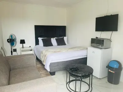 a hotel room with a bed and a couch at Mohwelere Guest House in Pretoria