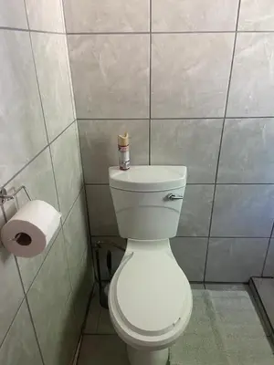 a bathroom with a toilet and a roll of toilet paper at Bennyz Guest House in Pretoria